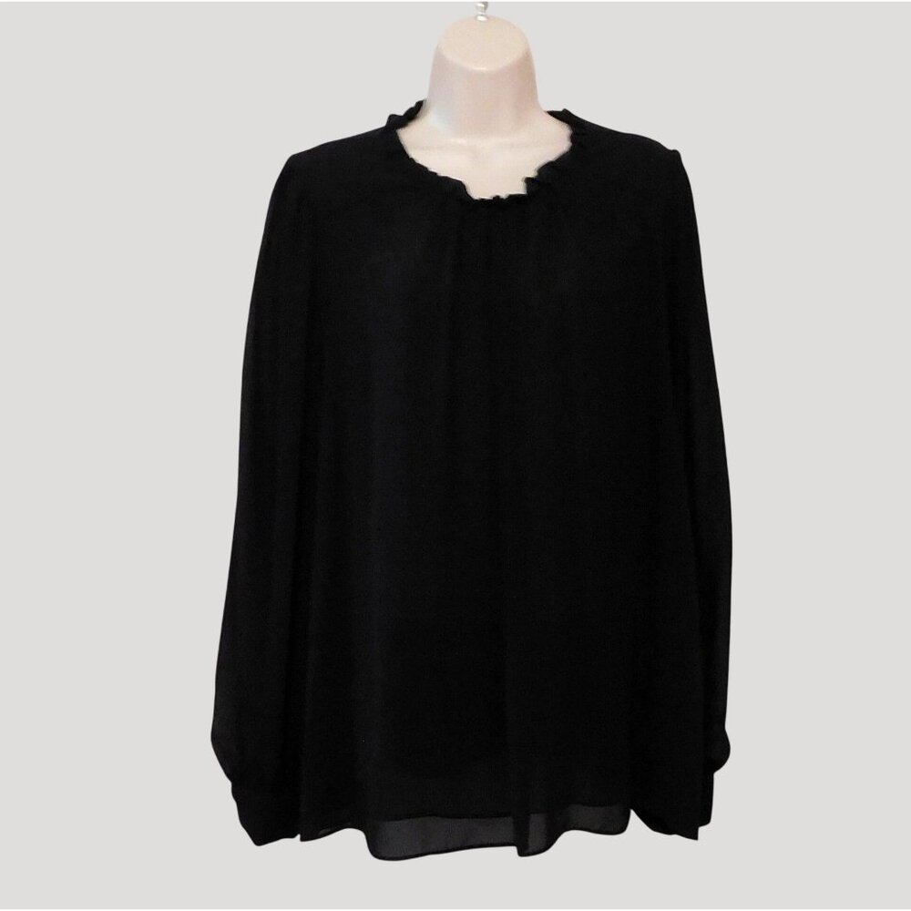 Worthington Sheer Blouse Womens XL Black Ruffled Neckline Long Sleeve Polyester
